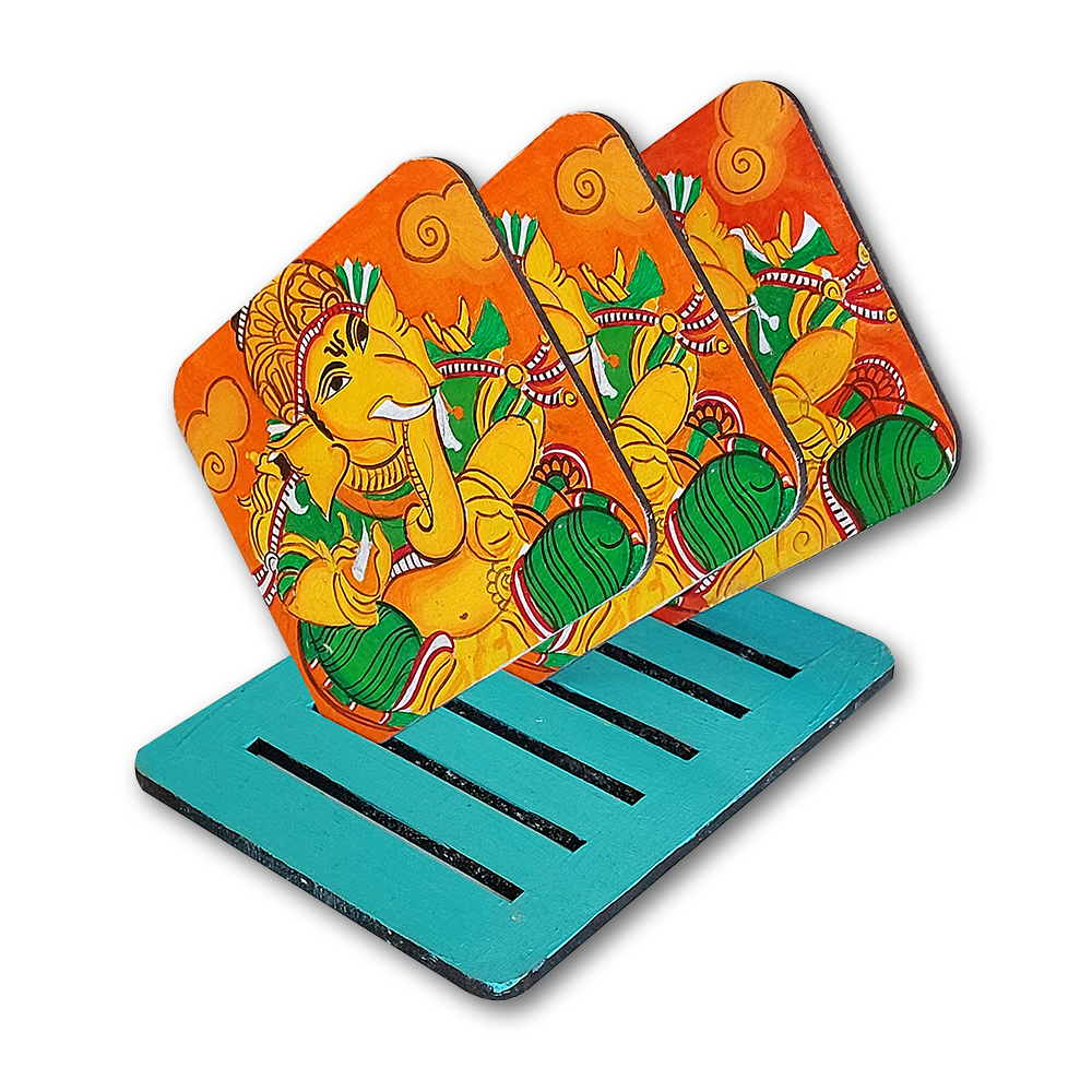 Kerala Mural Art on Square Tea Coasters with Stand DIY Kit by Penkraft